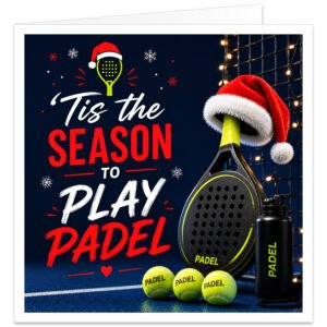 Modern padel Christmas card with the message “‘Tis the Season to Play Padel” in bold white and red lettering on a navy background. Design shows a black and fluorescent yellow padel racket wearing a red Santa hat on a padel court, with three yellow balls, sports bottle, snowflakes and glowing Christmas lights. Festive card for male or female padel players.
