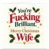 Rude funny Christmas card for wife from husband featuring the message “You’re F***ing Brilliant. Merry Christmas Wife” in bold red, green and gold typography on a warm cream background. Festive design includes dark green holly leaves, red berries, gold stars, decorative lines and a small gold heart. Cheeky adult humour wife Christmas card with an elegant traditional festive style.