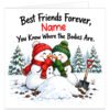 Personalised funny Christmas card for best friend featuring the message "Best Friends Forever, [Name]. You Know Where the Bodies Are." Bold black lettering with the recipient's name in red. Two mischievous snowmen wearing red and green winter hats and scarves giggle beside a suspicious snow mound and shovel, surrounded by snowy fir trees. Cheeky dark humour friendship card, personalised with a name up to 15 characters. Square 14.8 cm card, blank inside with kraft envelope included.