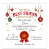 Funny personalised Best Friend Christmas card styled as an Official Best Friend Certificate. Text reads “This certifies that [Name] has successfully completed another year of putting up with [Your Name]”, with Christmas Friendship Department and Authorised Witness signatures and renewal date 25 December 2027. White certificate design with red and green baubles, gold stars, festive wax seal and snowflake.