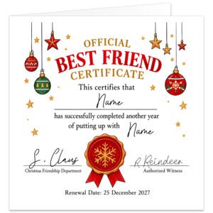 Funny personalised Best Friend Christmas card styled as an Official Best Friend Certificate. Text reads “This certifies that [Name] has successfully completed another year of putting up with [Your Name]”, with Christmas Friendship Department and Authorised Witness signatures and renewal date 25 December 2027. White certificate design with red and green baubles, gold stars, festive wax seal and snowflake.
