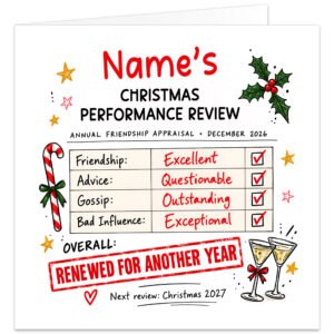 Personalised funny Christmas card for a friend featuring “Charlotte’s Christmas Performance Review – Annual Friendship Appraisal”. Festive checklist rates Friendship Excellent, Advice Questionable, Gossip Outstanding and Bad Influence Exceptional, each with a red tick. Includes “Renewed For Another Year” stamp, Christmas 2027 next review, holly, candy cane, stars, hearts and two celebratory drinks on a white background.