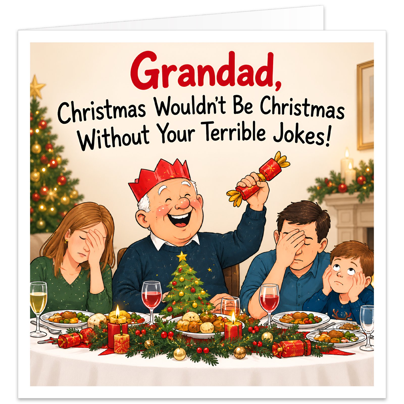Funny Grandad Christmas card featuring the message "Grandad, Christmas Wouldn't Be Christmas Without Your Terrible Jokes!" Colourful festive illustration of a laughing Grandad wearing a red paper crown and holding a Christmas cracker at the dinner table. His family groan, cover their faces and roll their eyes at his terrible jokes. Decorated Christmas tree, fireplace, festive food and decorations complete this humorous family Christmas scene.