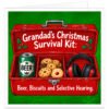 Funny Grandad Christmas card featuring the message "Grandad's Christmas Survival Kit: Beer, Biscuits and Selective Hearing." Colourful illustration of an open red toolbox containing a green beer can, biscuits and red and black ear defenders. Bold white lettering on the toolbox, festive holly decorations and a vibrant green background with subtle snowflakes. Humorous Christmas greeting card for Grandad, Grandpa or Grandfather, perfect for a beer-loving grandad with selective hearing.
