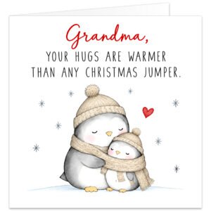 Sentimental Grandma Christmas card featuring two adorable penguins cuddling in cosy cream knitted bobble hats and scarves, with rosy cheeks, a small red heart and delicate grey-blue snowflakes on a white background. Features the heartfelt message "Grandma, Your Hugs Are Warmer Than Any Christmas Jumper" in elegant red and black lettering. Cute, heartwarming Christmas greeting card for a grandmother, also available in Granny, Nanny and Nan variations.