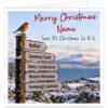 Personalised Northern Ireland Christmas card featuring the text "Merry Christmas [Name] – Sure It's Christmas So It Is". Festive snowy landscape with a colourful robin perched on a wooden signpost pointing towards Belfast, Causeway Coast, Derry\~Londonderry, Mourne Mountains and Fermanagh Lakelands. Red handwritten-style Christmas lettering and personalised name. Funny Northern Irish Christmas card for friends and family, printed on premium 300gsm matte white cardstock, 14.8 x 14.8 cm.