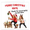 Funny personalised Christmas card for a best friend featuring the text “Merry Christmas [Name]” and “Thanks for encouraging my bad ideas”. Hand-drawn festive illustration of two female friends in Christmas jumpers, one holding mistletoe and a drink while her friend pushes her forward. A party table with wine bottle, glasses and drinks completes the cheeky Christmas scene.